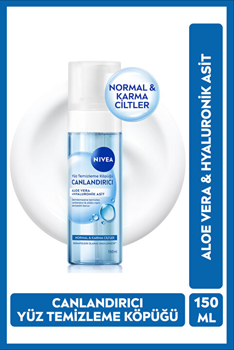 NIVEA Canlandırıcı Yüz Temizleme Köpüğü 150ml, Karma Normal Cilt, Aloe Vera, Hyaluronik Asit, Ferahlatıcı