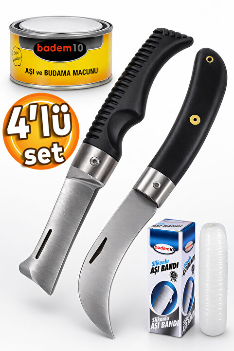 Badem10 (4'LÜ SET) Eğri Uçlu Ve Düz Uçlu Bağ Aşı Bıçağı Çakısı Aşı Macunu Aşı Bandı Ağaç Dal Aşılama Seti