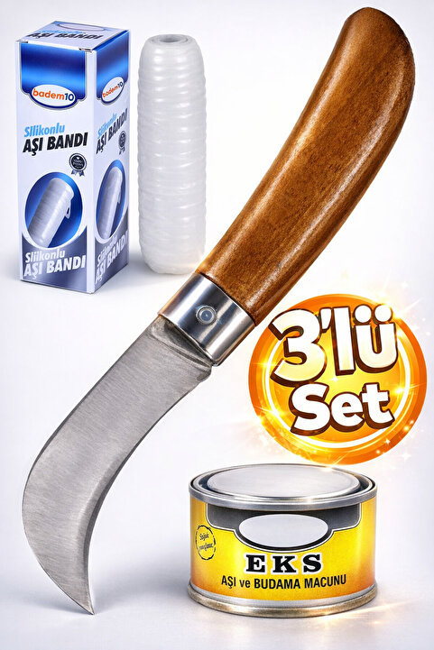 Badem10 Aşı Bıçağı Eğri Uçlu Bağ Bıçağı Çakısı + Aşı Bandı + Aşı Macunu (3'LÜ SET)