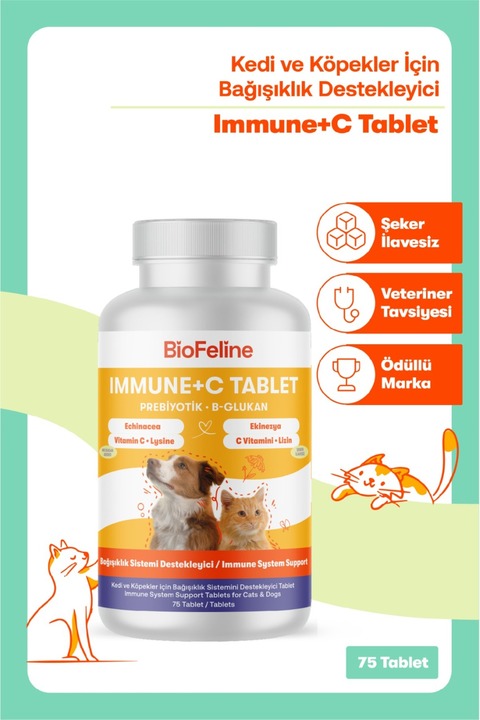 BioFeline Kedi ve Köpekler İçin Immune C Tablet 75 Adet – C Vitaminli Bağışıklık Destek Tableti | Kedi Vitamini | Köpek Bağışıklık | Beta Glukan | Kedi Direnç Desteği