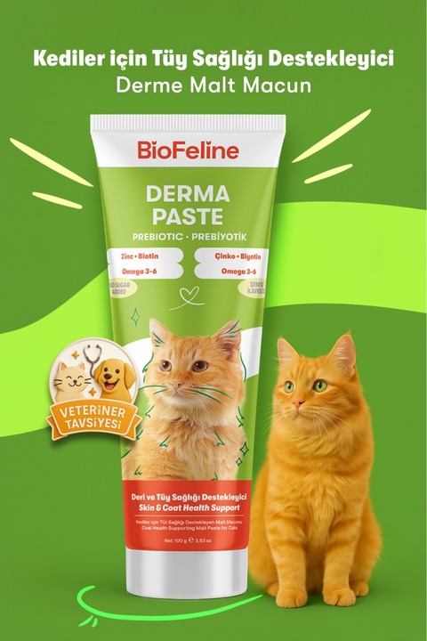 BioFeline Derma Kedi Maltı 100 ml – Tüy Dökülmesi Dönemi Desteği, Omega ve Biotinli Malt Macunu | Anti Hairball | Malt Paste | Kedi Vitamini