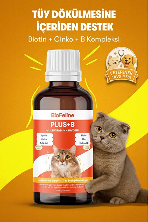 BioFeline Kedi Biotin Damlası 50 ml – Tüy Dökülmesi Dönemi Desteği, Biotin ve Çinko İçerikli Kedi Tüy Vitamini | Anti Hairball | Biotin Damla