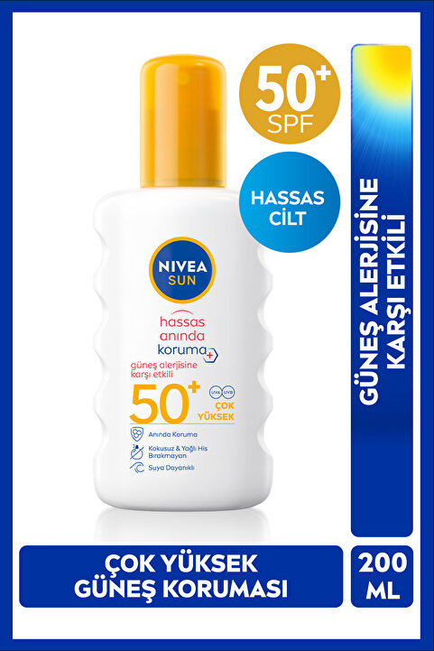 NIVEA SUN SPF50+ Hassas Ciltler İçin Güneş Koruyucu Sprey 200ml, Suya Dayanıklı, Güneş Alerjisine Etkili
