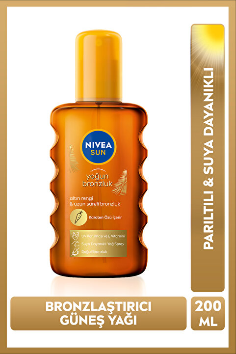 NIVEA SUN Karoten Özlü Yoğun Bronzlaştırıcı Güneş Yağ Sprey 200ml, E Vitamini,Doğal Bronzluk