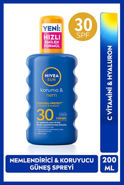 NIVEA SUN SPF30 Güneş Koruyucu ve Nemlendirici Vücut Spreyi 200ml, Suya Dayanıklı, Anında UVA UVB Koruması