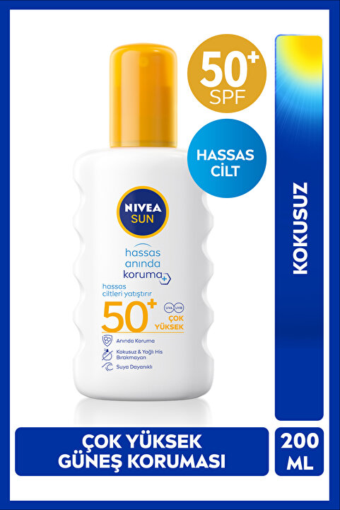 NIVEA SUN SPF50 Hassas Anında Güneş Koruyucu Vücut Spreyi 200ml, Suya Dayanıklı, Yatıştırıcı, Hassas Cilt