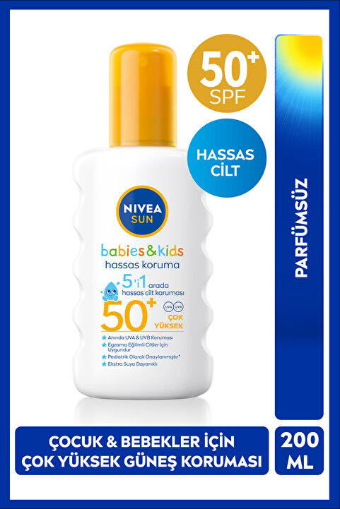 NIVEA SUN SPF50+ Çocuk ve Bebek İçinYüksek Güneş Koruyucu Sprey 200ml,Hassas Cilt,Parfümsüz,6 Ay ve Üzeri