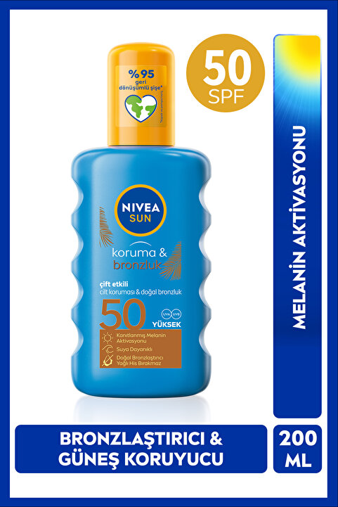 NIVEA SUN SPF50 Güneş Koruyucu Ve Bronzlaştırıcı Sprey 200ml, Suya Dayanıklı, Yeni Nesil UV Filtre,Melanin