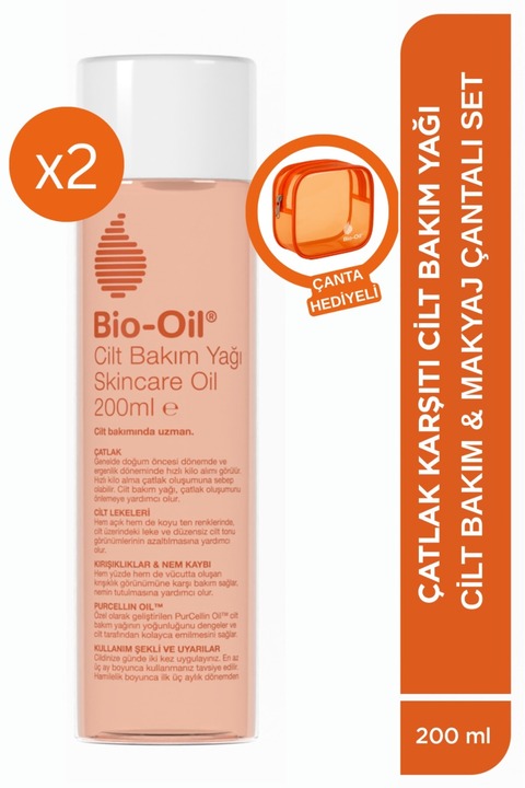Bio-Oil Çatlak ve Leke Karşıtı Nemlendirici Cilt Bakım Yağı 200 ml x2 Set Makyaj Çantası Hediyeli