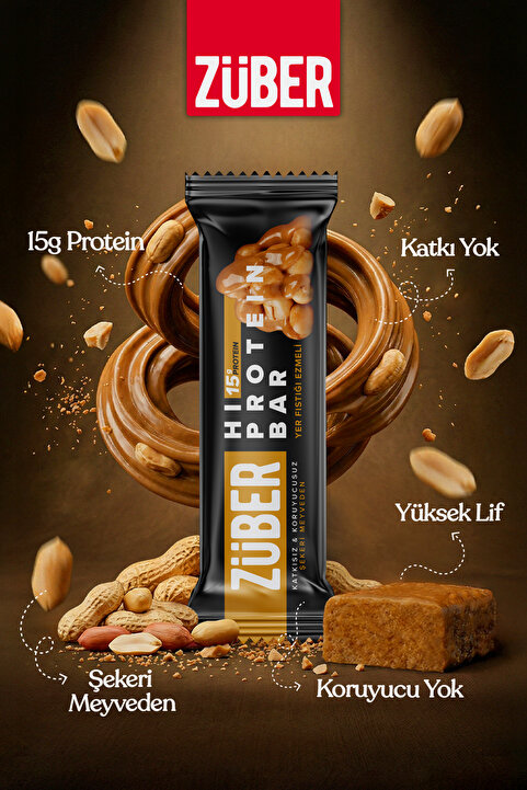Züber Hi Protein Yer Fıstığı Ezmeli Yüksek Protein Bar 45g x 12 Adet (15g Protein)
