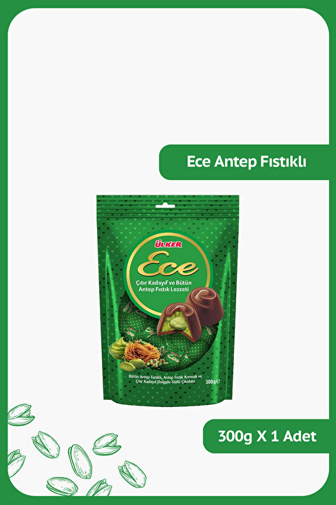 Ülker ECE İkramlık Çıtır Kadayıf ve Bütün Antep Fıstıklı Sütlü Çikolata - 300 gram
