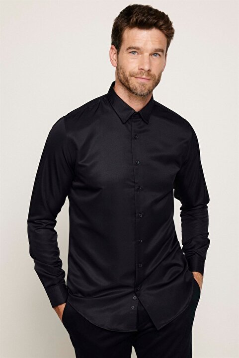 Tudors Slim Fit Uzun Kollu Kolay Ütülenebilir Ter Konforu Sağlayan Kravatlık Dört Mevsim Siyah Erkek Gömlek