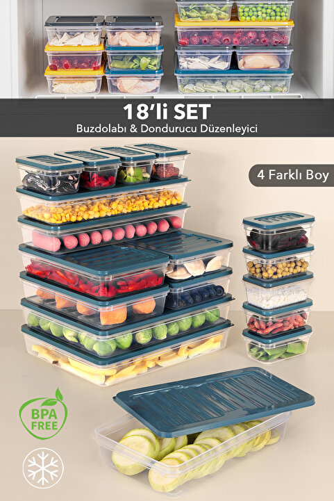Meleni Home 18'li Buzdolabı Organizer Saklama Kabı - Mikrodalga ve Difrize Uygun Düzenleyici Buzluk Kabı Mavi