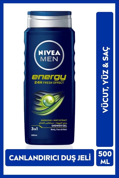 NIVEA MEN Erkek Banyo ve Duş Jeli Energy 500ml, Ferahlık, Vücut Yüz ve Saç, Canlandırıcı, Bakımlı Cilt