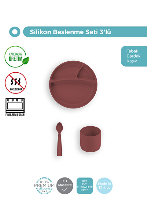 OiOi Bordo 3'lü Bordo Silikon Tabak + Bardak + Kaşık Silikon Yemek Seti