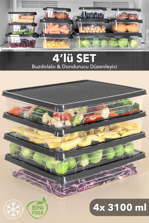 Meleni Home 4'lü Buzdolabı Organizer Mikrodalga ve Difrize Uygun Düzenleyici Buzluk Saklama Kabı Antrasit 3100ml