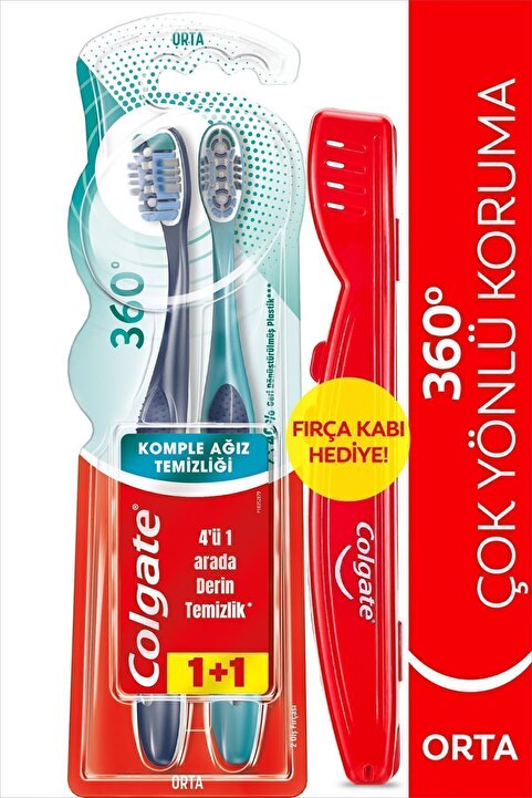Colgate 360 Komple Ağız Temizliği Çok Yönlü Koruma Orta Diş Fırçası 1+1 Ağız Bakımı + Fırça Kabı
