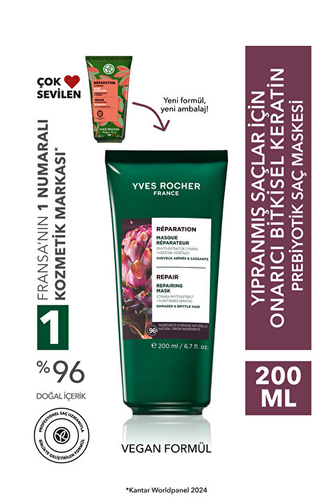 Yves Rocher Onarıcı Bitkisel Keratin Prebiyotik Saç Maskesi - Yıpranmış Saçlar / Reparation -Vegan -200ml