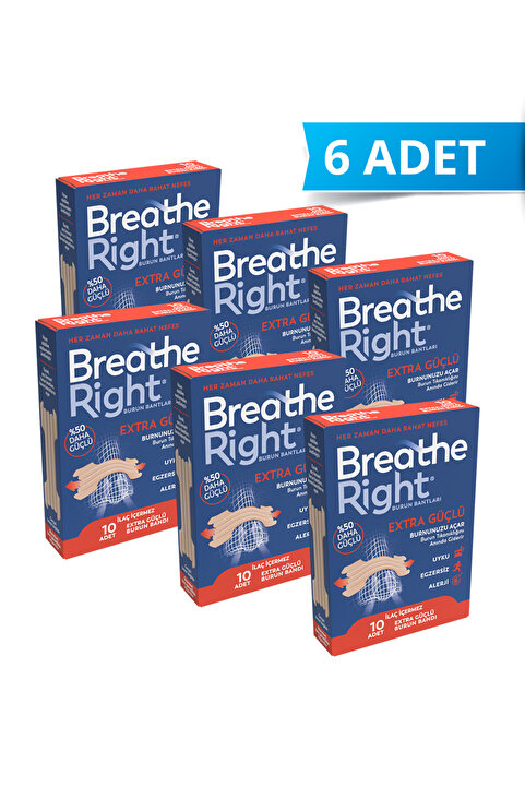 Breathe Right Burun Bandı Extra Güçlü 10’lu (Horlama ve Burun Tıkanıklığı İçin), 6 Kutu