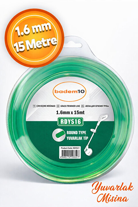 Badem10 Tırpan Misinası Motorlu Tırpan Yuvarlak Misina 1.6 mm 15 Metre Yeşil Çim Ot Biçme Teli