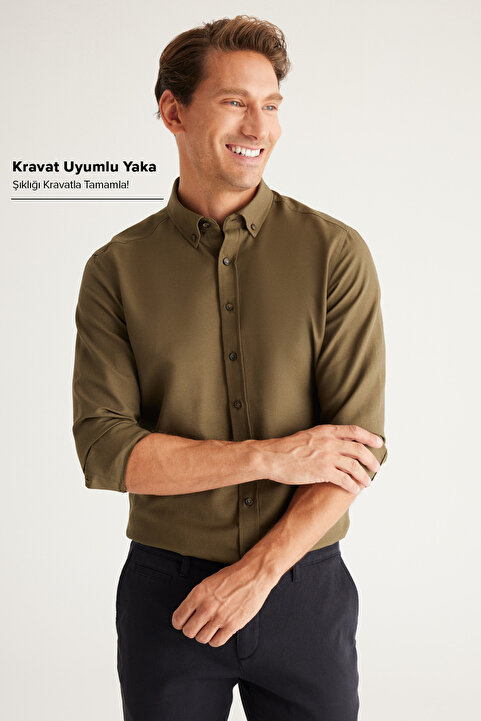AC&Co / Altınyıldız Classics Erkek Oxford Kolay Ütülenebilir Pamuklu Terletmez Gömlek Haki Düğmeli Yaka Slim Fit Dar Kesim