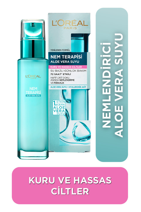 L'Oreal Paris Nem Terapisi Aloe Vera Suyu İçeren Kuru ve Hassas Ciltler İçin Su Bazlı Nemlendirici Yüz Kremi 70ml