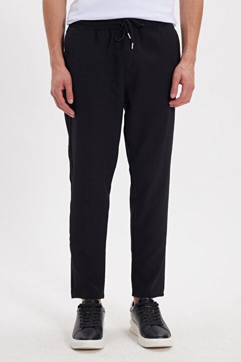 Tudors Erkek Regular Fit Beli Lastikli Bağcıklı Jogger Siyah Pantolon Rahat Kesim Yan Cepli