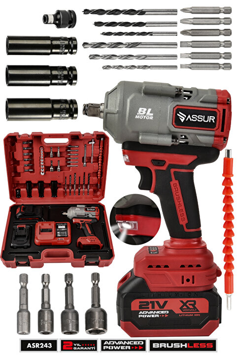 ASSUR 21V 1100 NM Torklu Çift Akülü 10 Pilli 1/2 Kırmızı Şarjlı Somun Sıkma Sökme Makinesi
