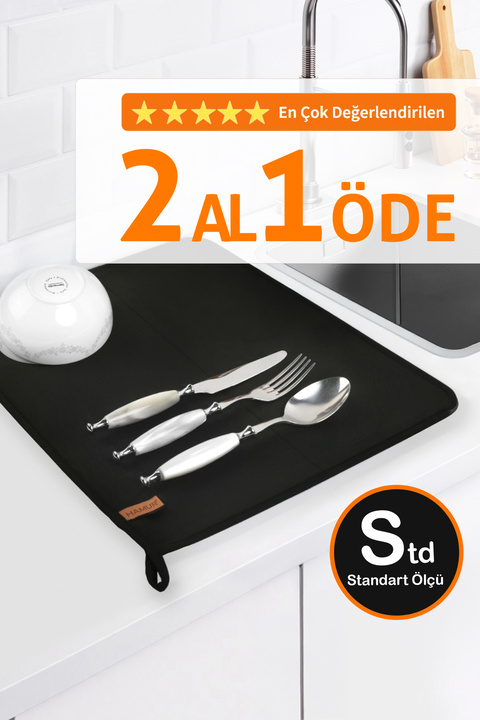 HAMUR Basic S Bulaşık Kurutma Matı 46x36 cm Std Kurulama Bezi Kurutma Örtüsü Tezgah Üstü Siyah