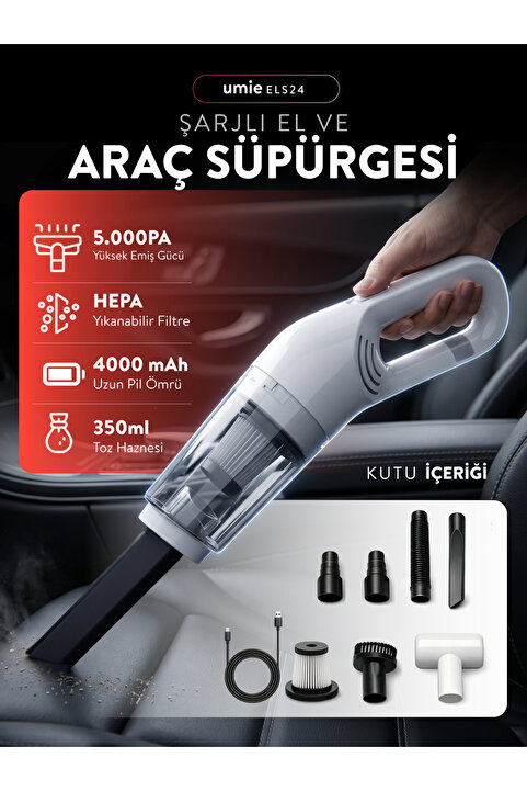 Umie Araç Süpürgesi ELS24 Beyaz 50W 4000mAh 6000PA Kablosuz Şarjlı Taşınabilir Type-C Ev Araba Süpürge