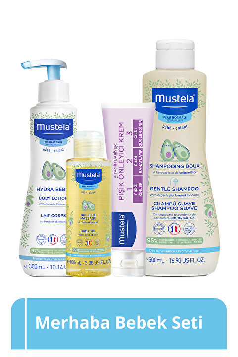 Mustela Merhaba Bebek Seti- Kolay Tarama Sağlayan Şampuan Pişik Kremi Masaj Yağı Vücut Losyonu Bebek Çocuk