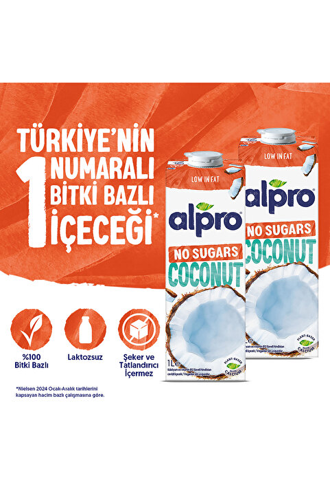 Alpro Şekersiz Hindistan Cevizi Sütü 2x1 L Vegan Laktozsuz Bitkisel Bazlı