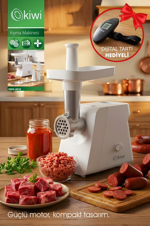 Kiwi KMG-2616 Kıyma Makinesi | Paslanmaz Çelik Bıçak & 2 Disk (5-7 mm) & Ters Fonksiyon & Tartı Hediyeli