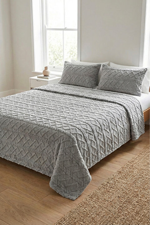 Decomia Home Chain Wellsoft Kendinden Desenli Yumuşak Çift Kişilik 3lü Yatak Örtüsü Seti (220x240+50x70 2 Adet)