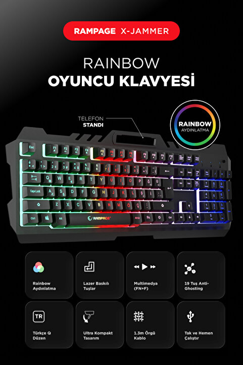 Rampage Kb-R57 X-jammer Gökkuşağı Aydınlatmalı Usb Tam Türkçe Gaming Oyuncu Klavyesi
