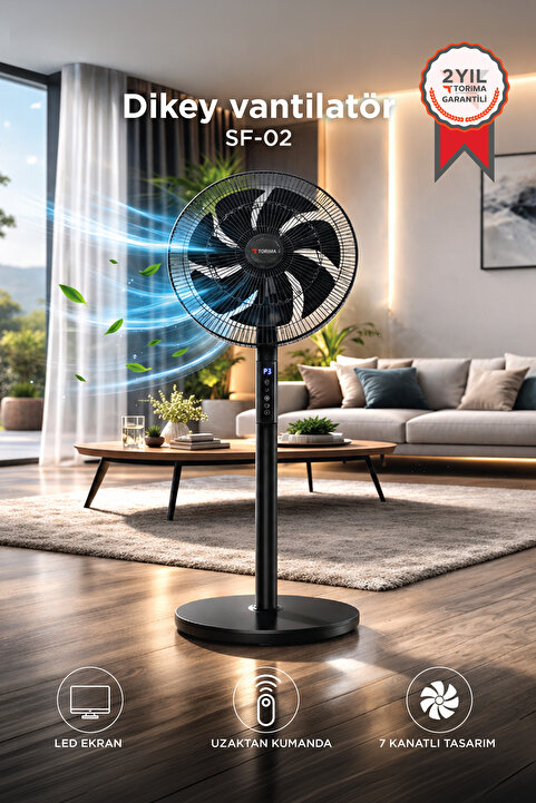 Torima SF02 Siyah Vantilatör 7 Pervaneli 3 Kademeli Kumandalı Dijital Ekranlı Ayaklı 16 Inc 60W Fan