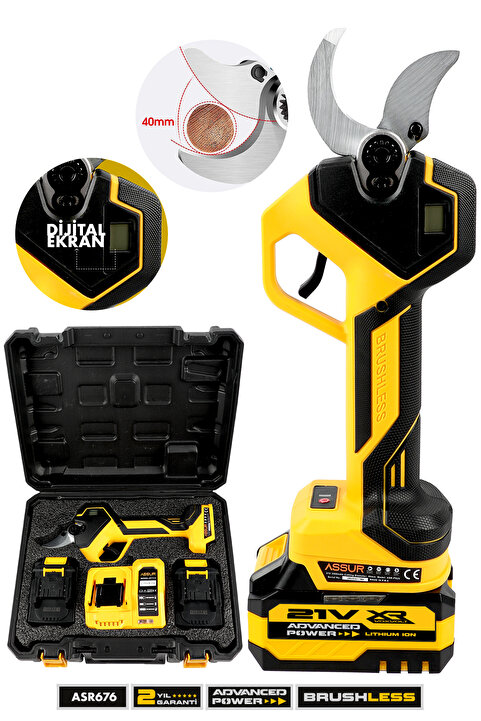 ASSUR 21V Çift Akülü 40 mm Ağaç Odun Dal Kesme Makinesı Şarjlı Dijital Budama Makası Sarı