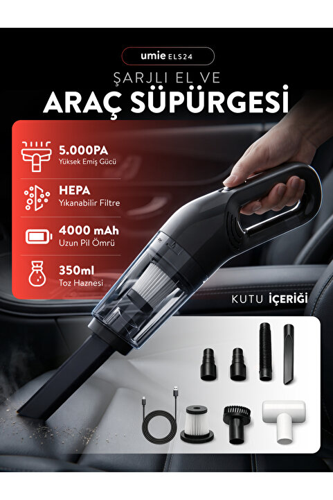 Umie Araç Süpürgesi ELS24 Siyah 50W 4000mAh 6000PA Kablosuz Şarjlı Taşınabilir Type-C Ev Araba Süpürge