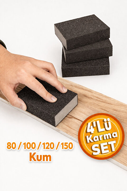 Badem10 (4'LÜ SET) Takoz Sünger Zımpara 80-100-120-150 Kum Karma Paket Kübik El Zımparası Islak Kuru