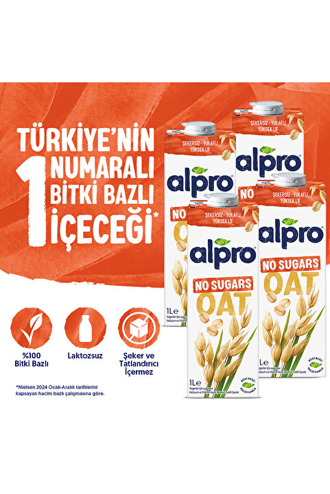 Alpro Şekersiz Yulaf Sütü 4x1 L Vegan Laktozsuz Bitkisel Bazlı
