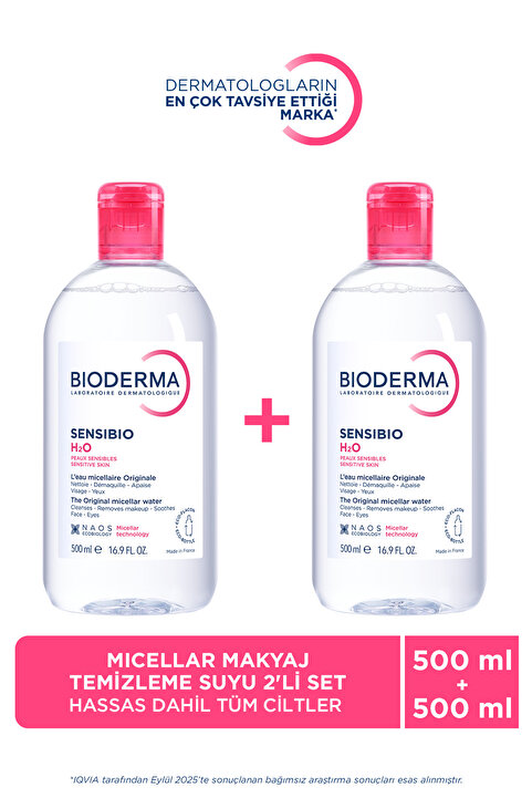 Bioderma Sensibio H2O Micellar Makyaj Temizleme Suyu 2'li Set Hassas ve Tüm Ciltler Yüz ve Göz Çevresi 500ml