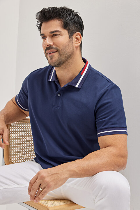 AC&Co / Altınyıldız Classics Erkek Lacivert %100 Pamuk Kıvrılmaz Polo Yaka Tişört Slim Fit Dar Kesim