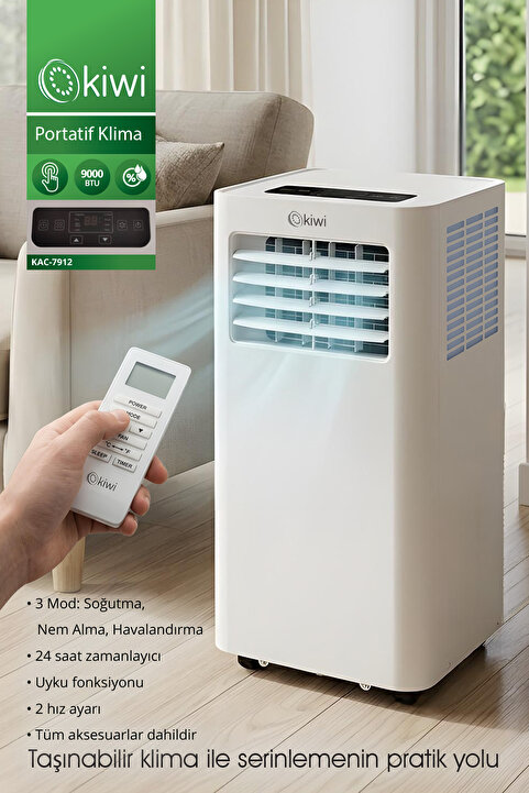 Kiwi KAC-7912 9000 BTU Portatif Taşınabilir Klima Kurulum Gerektirmez | & 3’ü 1 Arada & 24 Saat Timer & Kumandalı