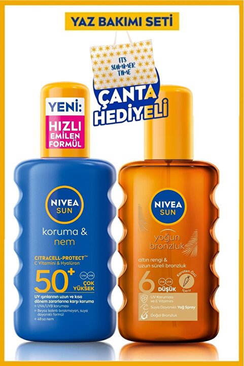 NIVEA SUN SPF50+ Güneş Koruyucu Vücut Spreyi 200ml ve Bronzlaştırıcı Güneş Yağı Seti, Plaj Çantası Hediye