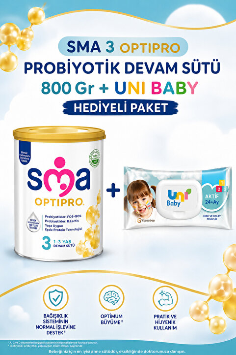 SMA 3 Optipro Probiyotik Devam Sütü 800 Gr + Uni Baby Islak Mendil Hediyeli
