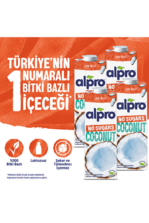 Alpro Şekersiz Hindistan Cevizi Sütü 4x1 L Vegan Laktozsuz Bitkisel Bazlı