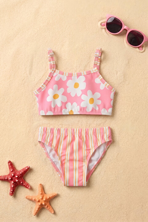 Minipodyum Kız Çocuk Bikini Takımı Çiçek Desenli Somon-Pembe