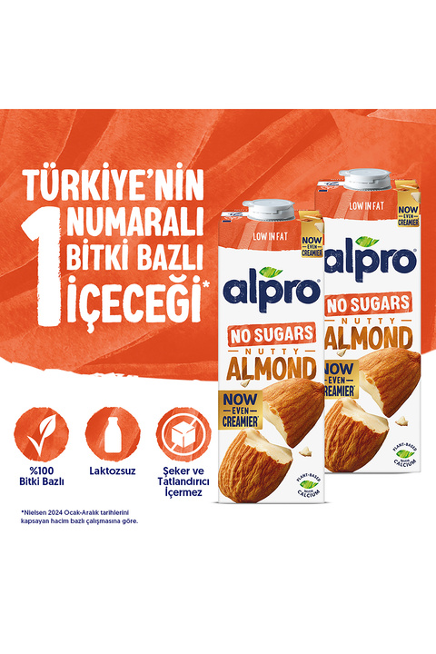 Alpro Şekersiz Badem Sütü 2x1 L Vegan Laktozsuz Bitkisel Bazlı