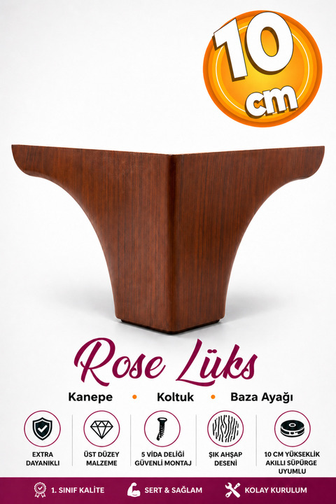 Badem10 Rose Lüks Mobilya Kanepe Koltuk Baza Yükseltici Ayağı 10 Cm Kahverengi Ahşap Desenli Ayakları