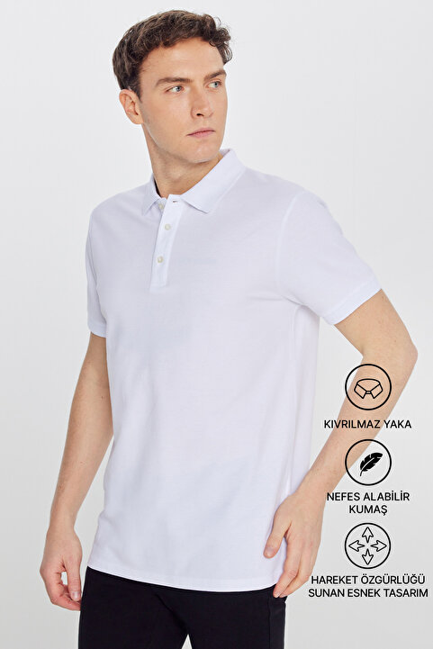 Altınyıldız Classics Erkek Beyaz %100 Pamuk Kıvrılmaz Pike Polo Yaka Slim Fit Dar Kesim Tişört